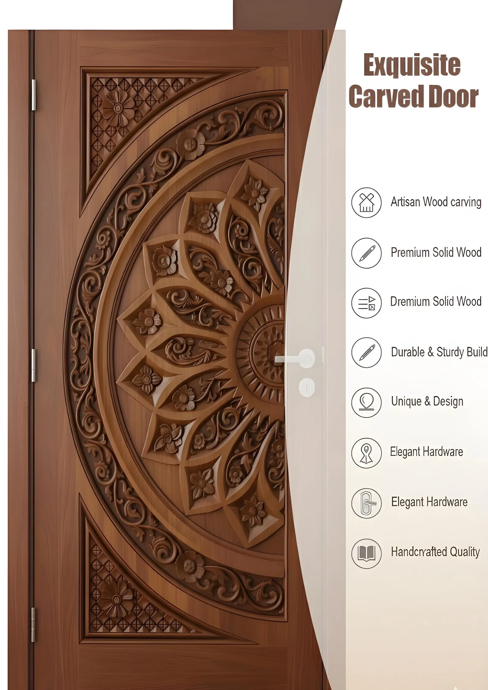 Hand Carved Wooden Main Door Luxury Solid Wood Entrance Door Custom Size - Image 2