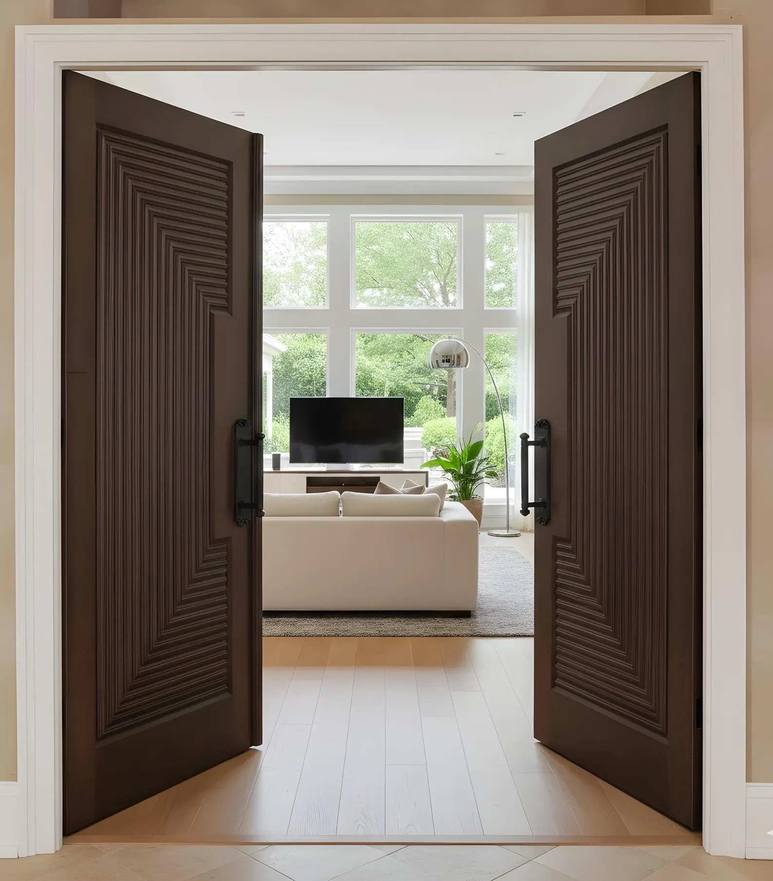 Hand-Carved Teak Wood Double Door: Traditional Sun Design - Image 2