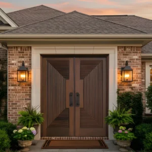 Hand-Carved Teak Wood Double Door: Traditional Sun Design
