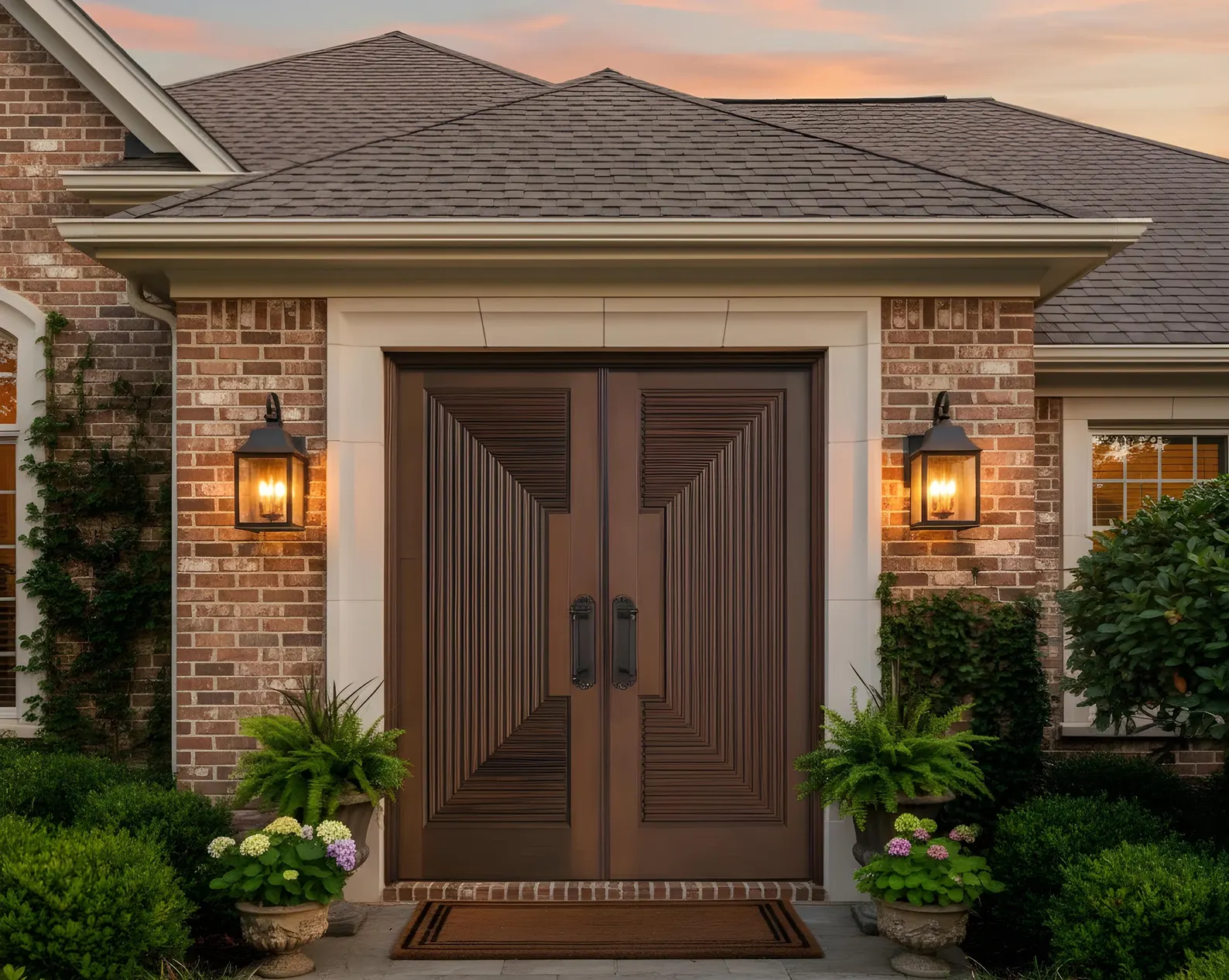 Hand-Carved Teak Wood Double Door: Traditional Sun Design