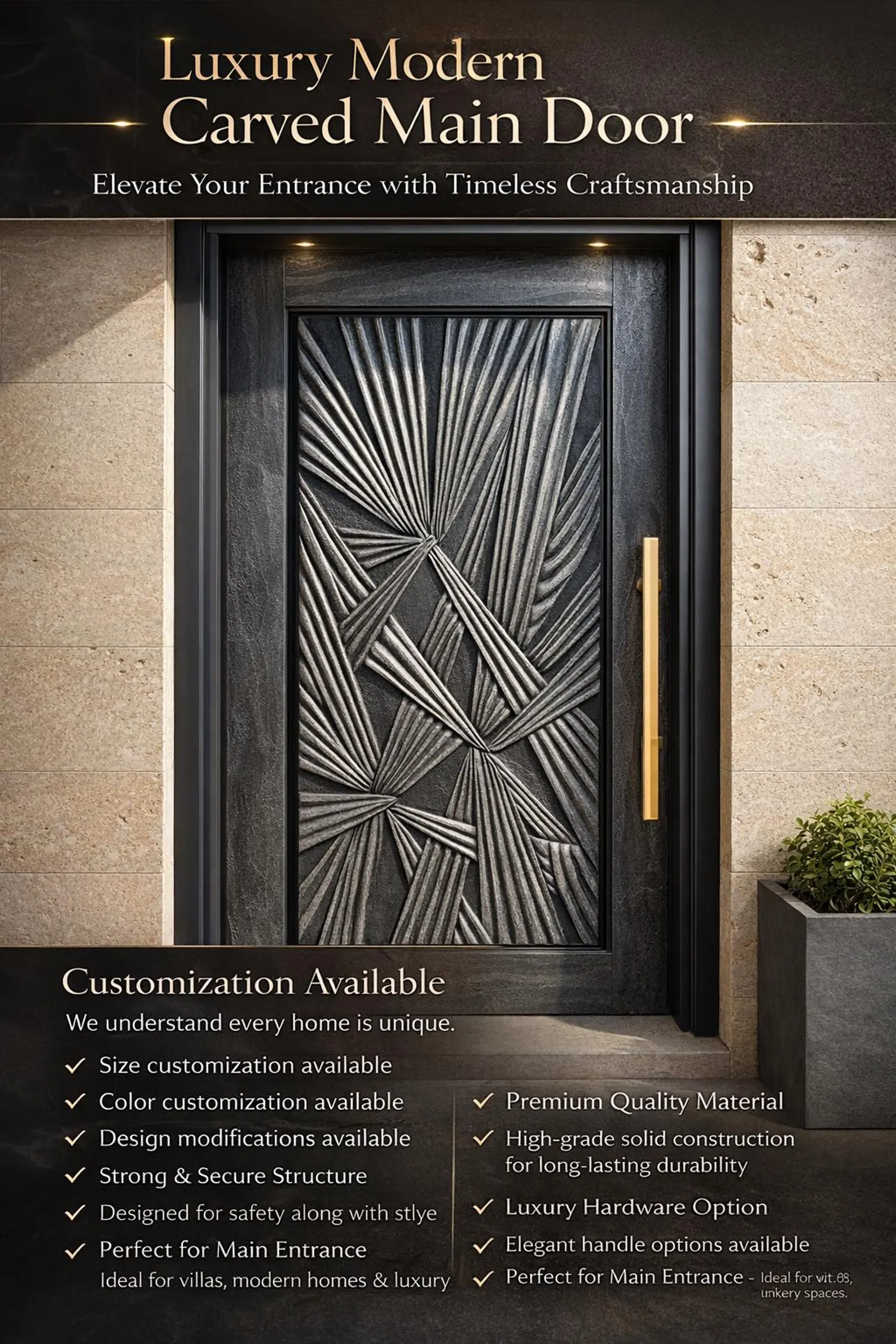 Handcrafted Sagwan Teak Wood Door Panel | Modern Carved Entrance - Image 3