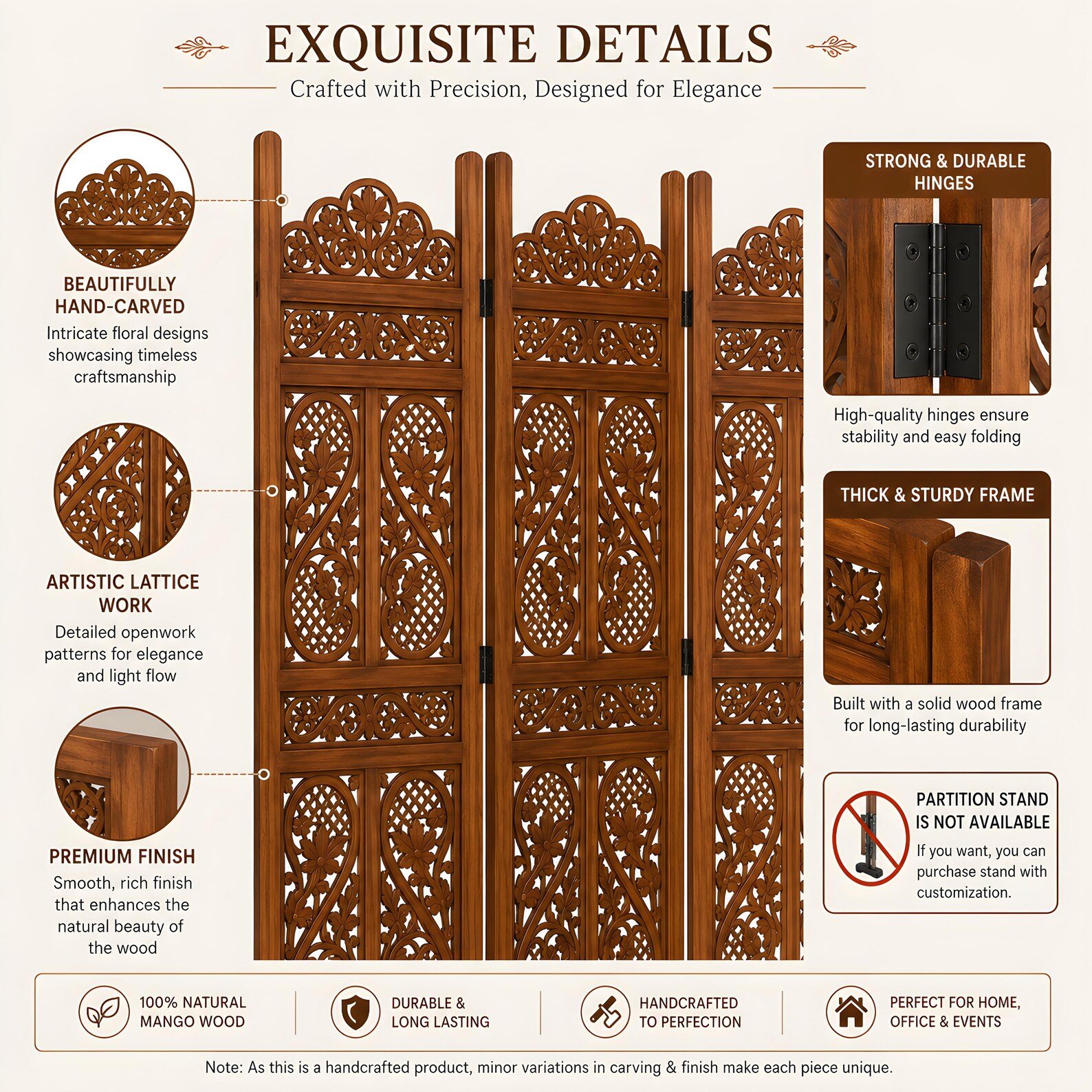 Handcrafted Wooden Room Divider Partition 6 ft Foldable Privacy Screen Customizable - Image 4