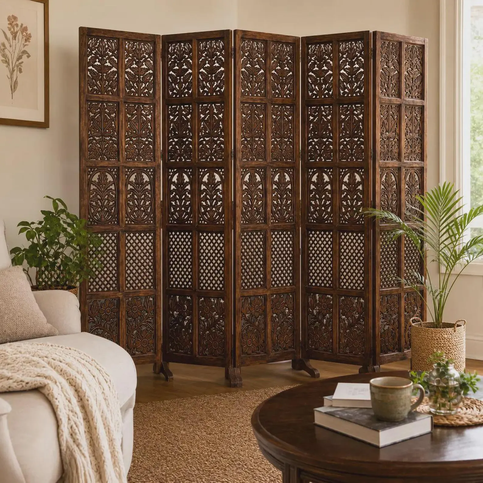 Handcrafted Wooden Room Divider Partition 6 ft Foldable Privacy Screen Customizable - Image 4