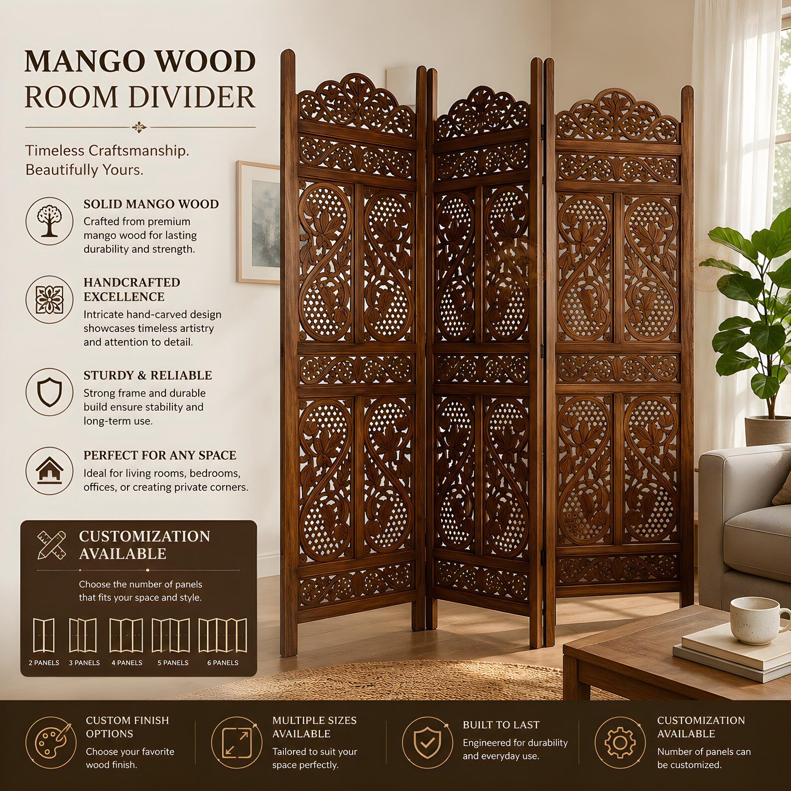 Handcrafted Wooden Room Divider Partition 6 ft Foldable Privacy Screen Customizable - Image 6