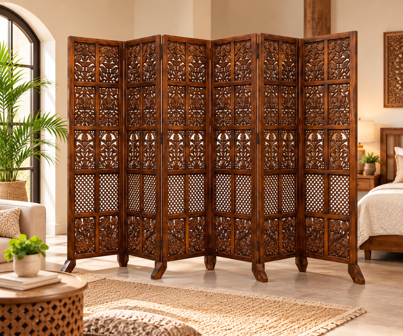 Handcrafted Wooden Room Divider Partition 205 cm Foldable Privacy Screen 6 Panel Customizable - Image 3