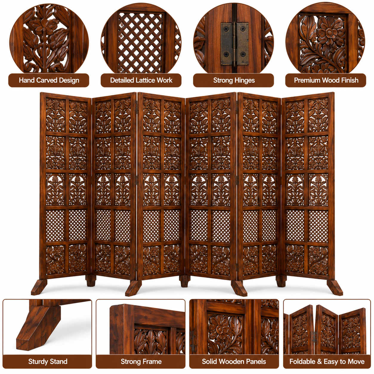 Handcrafted Wooden Room Divider Partition 205 cm Foldable Privacy Screen 6 Panel Customizable - Image 2