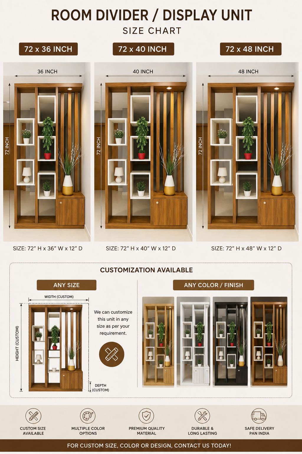 Solid Mango Wood Room Divider 72” x 48” | Wooden Partition Wall with Shelves | Modern Display Unit & Space Separator for Living Room | Custom Size & Finish Available - Image 3
