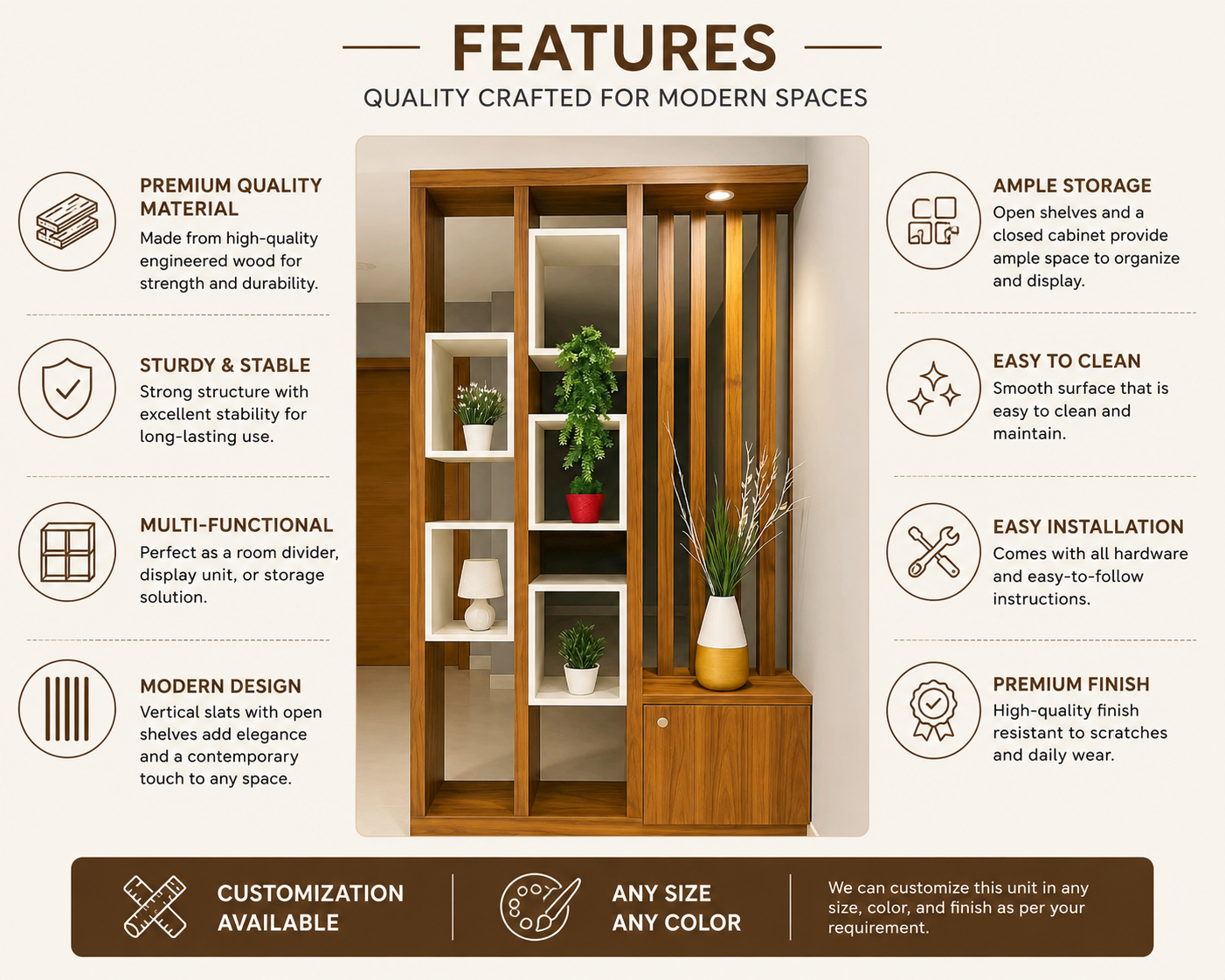 Solid Mango Wood Room Divider 72” x 48” | Wooden Partition Wall with Shelves | Modern Display Unit & Space Separator for Living Room | Custom Size & Finish Available - Image 2