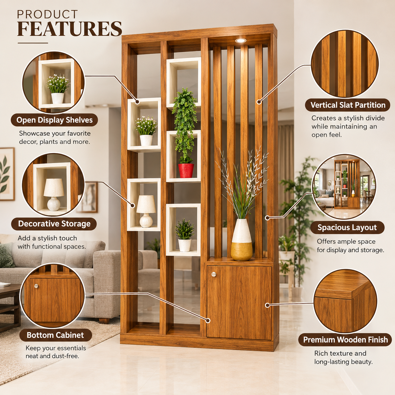 Solid Mango Wood Room Divider 72” x 48” | Wooden Partition Wall with Shelves | Modern Display Unit & Space Separator for Living Room | Custom Size & Finish Available - Image 4