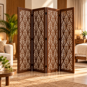 Handcrafted Wooden Room Divider Folding Screen 4 Panel Decorative Privacy Partition with Chevron Shutter Design | Freestanding Room Separator for Living Room, Bedroom & Office