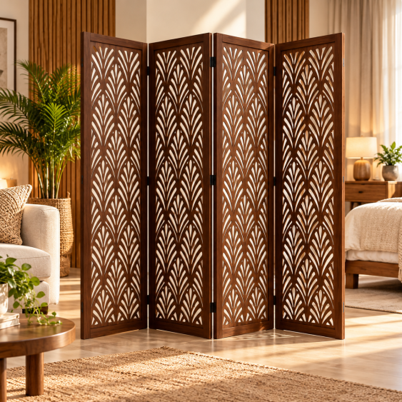 Handcrafted Wooden Room Divider Folding Screen 4 Panel Decorative Privacy Partition with Chevron Shutter Design | Freestanding Room Separator for Living Room, Bedroom & Office
