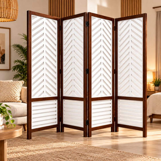 Handcrafted Wooden Room Divider Folding Screen – 4 Panel Decorative Privacy Partition with Chevron Shutter Design | Freestanding Room Separator for Living Room, Bedroom & Office