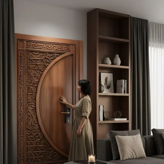Hand-Carved Teak Wood Entrance Door Sagwan Elegant Design 81×39 Inch